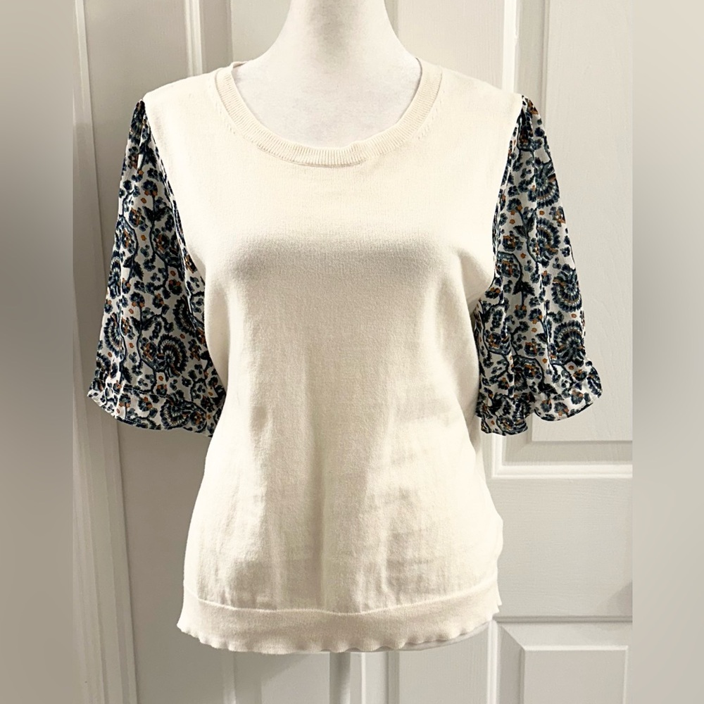 J. Crew Women’s Tops White Cotton Floral Print Sleeve‎ Size M